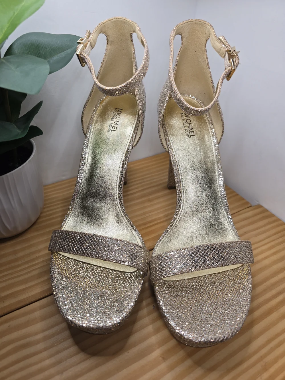 Michael Kors Margot Gold Glitter Ankle-Strap Platform Heels 9.5M